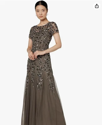 Adrianna Papell Floral Embroidered Beaded Godet Gown Dress, Lead Gray, Size 12  - Image 1 of 2
