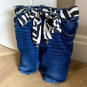 Jeans de mezclilla reciclados Door Stop negro blanco estampado cinturón de algodón hecho a mano NUEVO - Imagen 1 de 5