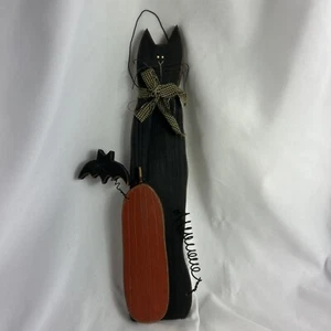 Black Cat Halloween Wall Hanging Bat Pumpkin Wood 13” X 5” - Picture 1 of 7