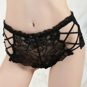 Women Mesh Lace Up Briefs Ruffle Sheer Knickers Floral Underwear Lace Underpants - Picture 1 of 19