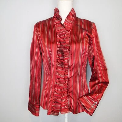 Talbots sz 10 Red Silk cotton Blend Ruffled Career Blouse shirt jacket top stirp - Image 1 of 4