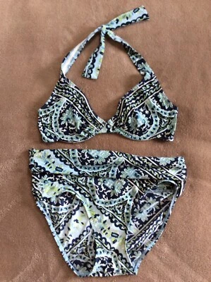DKNY 2 Pc Bikini Swimsuit Size 8 Black / Teal Halter Tie Top - Image 1 of 4
