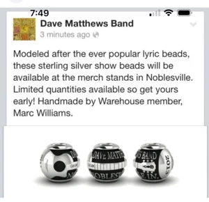 DAVE MATTHEWS BAND Sterling Silver Bead 2013 VERY LIMITED DMB BEAD! - Picture 1 of 11