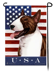 Patriotic USA Garden Flag - Brindle and White Bull Terrier 028B - Picture 1 of 1
