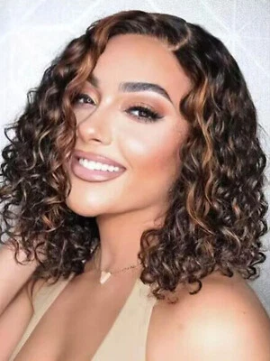 UNice Brazilian Ombre Brown Bob Curly Precut Lace Front Glueless Wig Human Hair - Image 1 of 4