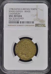 1798 Dated Great Britain Token Spade Guinea Brass NGC Unc Details Sainsbury - Picture 1 of 2