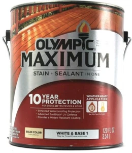 1 Gal. Olympic Maximum Satin & Sealant In One 10 Year Protect Solid Color White  - Picture 1 of 5