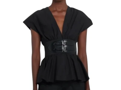 ALAIA Peplum V-Neck Poplin Top with Attached Leather Belt Black Size 40 - Image 1 of 4