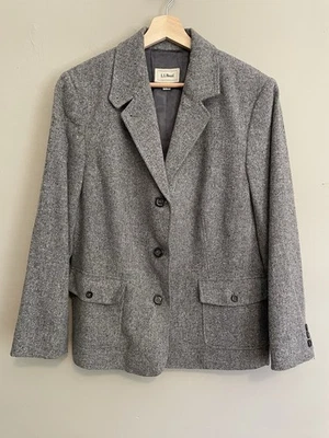 VNT LL Bean Blazer Womens XL Gray Tweed Wool Silk Blend Academia Button Neck - Image 1 of 4