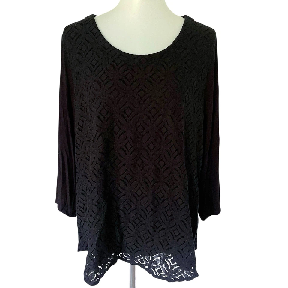 Croft & Barrow Black Lace Overlay Top Tee Shirt Tee Black Plus Size 2X Stretch - Image 1 of 4
