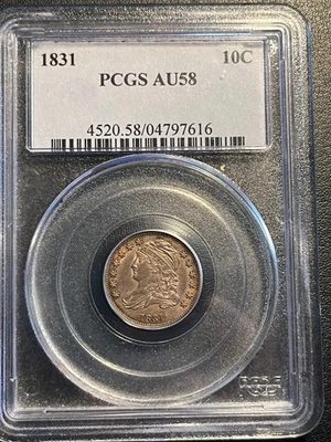 Монета номиналом 10 центов 1831 с крышкой — красивый слайдер PCGS AU58 Sharp Strike цвета Dark Russet - Изображение 1 из 4