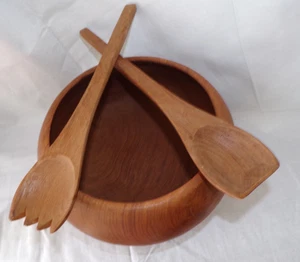 Goodwood Genuine Teak Vintage Salad Bowl W/Serving Fork Spoon 9.5" Wood Utensils - Picture 1 of 23