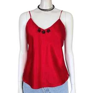 Y2K Red Satin Cami Top Flowers V Neck Lingerie M/L Fairycore Going Out FLAWED - Picture 1 of 8