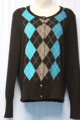 Apt. 9 100% cashmere black & turquoise argyle button front cardigan sweater XL - Image 1 of 3