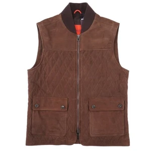 Isaia Rich Brown Quilted Padded Lambskin Suede Leather Vest S (Eu 48) NWT - Picture 1 of 13