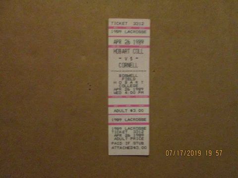 NCAA Hobart College cs Cornell Vintage Circa 1989 LaCrosse Full Ticket Cover