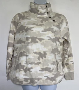 Womens Green Tea Fleece Top Size L Khaki Camo Long Sleeve Pullover Sweater - Picture 1 of 20