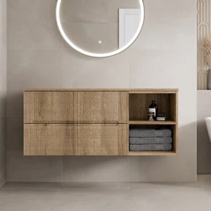 1200mm Bathroom Vanity Unit Countertop Wall Hung Drawer Fluted Oak Unit No Basin - Picture 1 of 11