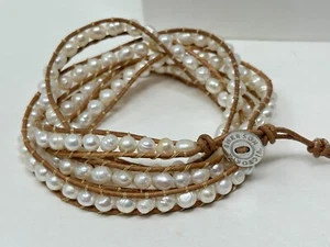 Victoria Emerson Freshwater Pearl Beaded Leather Wrap Bohemian Style Bracelet - Picture 1 of 10