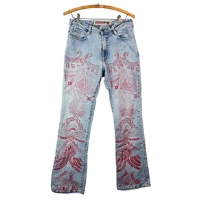 Vintage Y2K PARASUCO Jeans Printed Birds Tattoo Streetwear Womens 29 - Picture 1 of 11