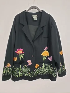 QUACKER FACTORY Jacket Womens 2X Black Lined Embroidered Flowers Butterfly Plus - Picture 1 of 13
