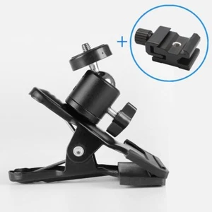 Supporto clip morsetto treppiede in metallo con testa a sfera + adattatore flash hot shoe - Foto 1 di 9