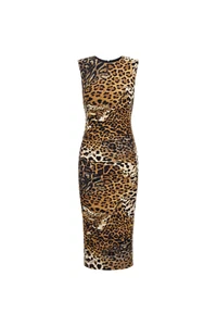 ROBERTO CAVALLI $1495 Light Brown Jaguar Skin Print Midi Dress New - Picture 1 of 2