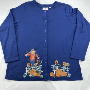 Quacker Factory Cardigan Blue Large Fall Scarecrow Pumpkin Sunflower Embroidered - Picture 1 of 9