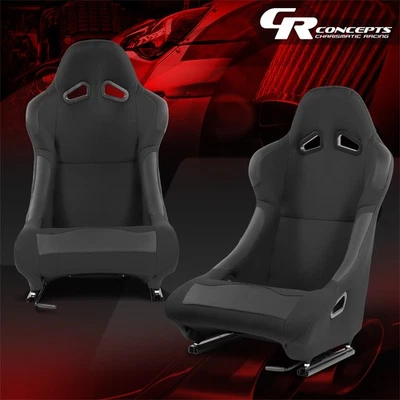 Universal Black Woven Fabric Fixed Racing Bucket Seats w/Sliders Left+Right - Image 1 of 4