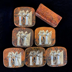 Vintage 6 Egyptian Goddess Leather Coasters in Holder Princess Pharaohs Wife - Picture 1 of 12