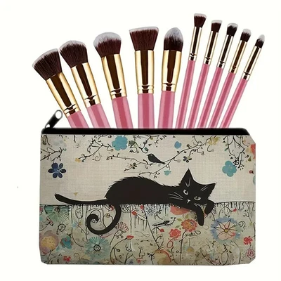 Black Cat Canvas Makeup Bag Toiletry Pouch Pencil Case 8.27" Vintage Floral Gift - Image 1 of 4