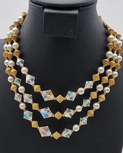 Collana girocollo vintage non firmata 3 fili vetro e ottone Aurora Boreale AB - Foto 1 di 6
