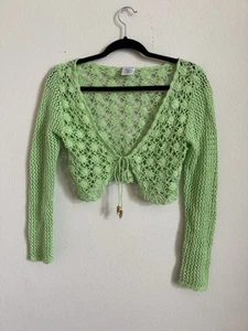 Vintage Y2K Lime Brat Green Crochet Knit Cropped Boho Festival Cardigan Top S - Picture 1 of 4