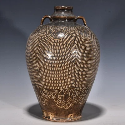 11,6-дюймовая китайская старая древняя фарфоровая ваза с песней в печи Cizhou с водяной рябью и черносливом - Изображение 1 из 4