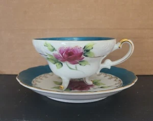 VTG Wales Footed Tea Cup/Saucer Pink Flowers Teal Gold Trim Japan Cottage Core  - Picture 1 of 9