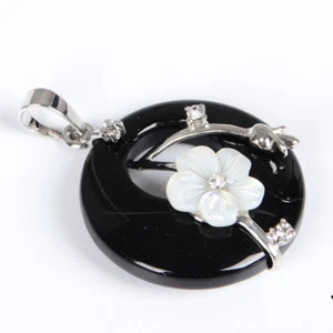 Party Gift Natural Black Onyx Flower Carved Shell Gems Silver Necklace Pendants - Picture 1 of 5