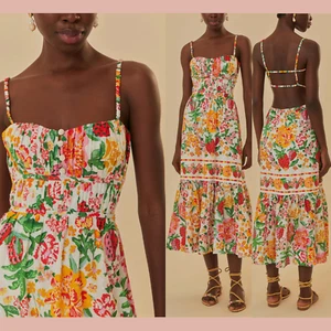 NWD $235 Farm Rio [ Large ] Strawberry White Floral Sketch Midi Dress #T1945 - Picture 1 of 17