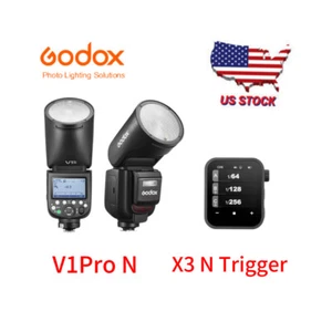 Flash de cabeza redonda de iones de litio Godox V1 Pro N 2.4G TTL HSS de EE. UU. para Nikon + disparador X3 N - Imagen 1 de 20
