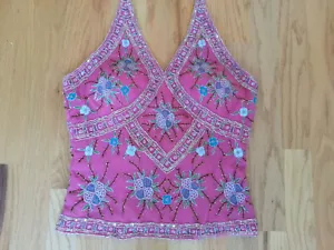 Woman's Silk Top with Hand-stitched Sequins Embroidery, Pink, S - Picture 1 of 5