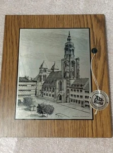 Holz geätzt Metall Kunst St. Kilian Kirche Heilbronn Germany mit Original Etikett - Bild 1 von 5