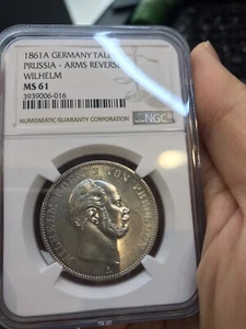 1861 A Prussia 1 Thaler Taler -Arms Reverse NGC MS 61 - Picture 1 of 2