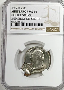 1982-D Washington Quarter NGC MINT ERROR MS64 Double Struck 2nd Strike Off Cente - Picture 1 of 4
