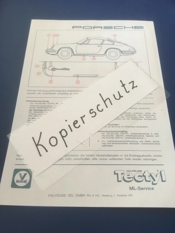   Porsche 911 - 912 - Tectyl Valvoline Hohlraumversiegelungsplan - Bild 1 von 1