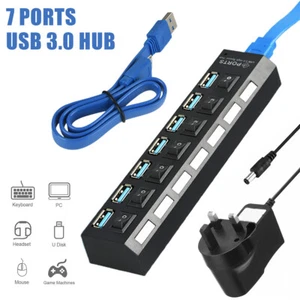 New 7 Port High Speed Multi USB Hub USB 3.0 With Power Supply and Switches - Picture 1 of 8