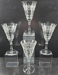 4 Bryce Charlene Water Goblets Set Depression Floral Cut Etch Clear Stemware Lot - Picture 1 of 24