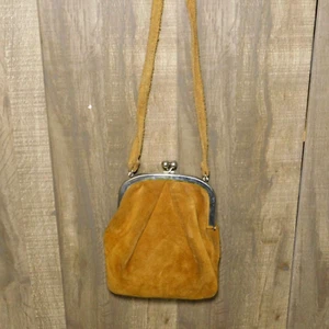 Vintage 1960s Brown Suede Leather Hippy Handbag Purse with Strap and Metal Clasp - Picture 1 of 11