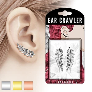 Pair of CZ Paved Olive Leaf 14K Gold Plated Ear Crawler Climber Earrings - Picture 1 of 4
