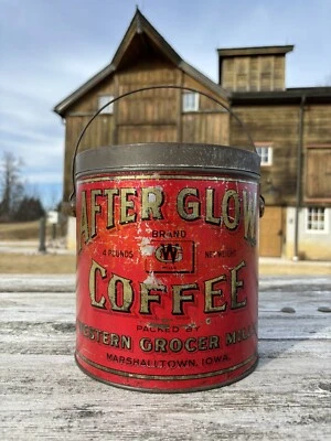 Antique AFTER GLOW COFFEE Old Empty  TIN w/LID Marshalltown, IOWA  Barn Find - Image 1 of 4