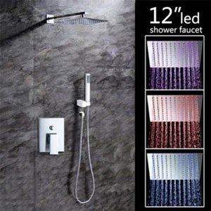 Bathroom LED 12"Ultra Thin Shower Head Handheld Spray Mixer Valve Wall Mount Set - Picture 1 of 7