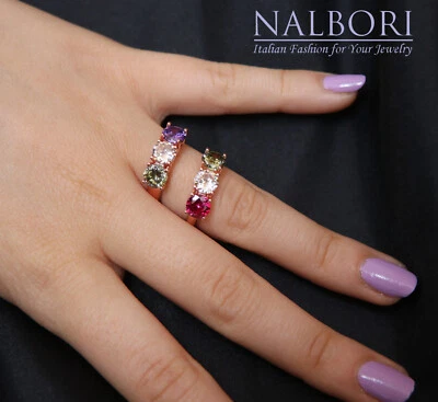 Anello trilogy argento 925 donna zirconi colorati verde viola bagno oro rosa - Immagine 1 di 3